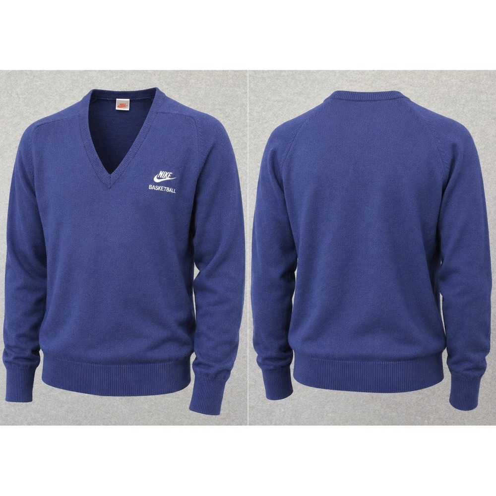 Vintage Nike Sweater Mens L Blue V-Neck Long Sleeve 80s Tight Knit 100% Orlon